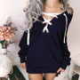 Autumn Winter Women Fashion Mid-length Bandage V-neck Loose Long Sleeve Hoodie Casual Sexy T shirt Tops