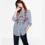 Casual Women Floral Embroidered Casual Blouse Autumn Long Sleeve Striped Shirt Tops