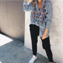 Casual Women Floral Embroidered Casual Blouse Autumn Long Sleeve Striped Shirt Tops