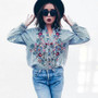 Casual Women Floral Embroidered Casual Blouse Autumn Long Sleeve Striped Shirt Tops