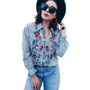 Casual Women Floral Embroidered Casual Blouse Autumn Long Sleeve Striped Shirt Tops