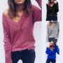 Autumn Spring Long Sleeve Casual Loose V Neck Sexy Off Shoulder Pullover T-Shirt Tops