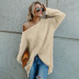 Women Fashion Pure Color Plus Size Pullover Long Sleeve Irregular Loose Sweater