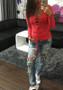 Casual Red Drawstring Lace Up Cut Out Round Neck Long Sleeve T-Shirt