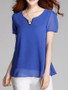 Casual Split Neck Plain Puff Sleeve Blouse