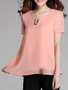 Casual Split Neck Plain Puff Sleeve Blouse