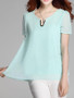 Casual Split Neck Plain Puff Sleeve Blouse