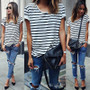 Casual New Summer Women Tops O-Neck T-Shirt Short Sleeve Striped T Shirts