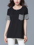 Casual High-Low Striped Round Neck Patch Pocket Blouse