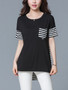 Casual High-Low Striped Round Neck Patch Pocket Blouse