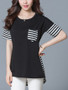 Casual High-Low Striped Round Neck Patch Pocket Blouse