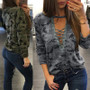 Casual Fashion Tops V-Neck Camouflage T-Shirts Crop Top