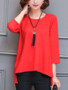 Casual Round Neck High-Low Plain Long Sleeve T-Shirt With Necklace