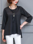 Casual Round Neck High-Low Plain Long Sleeve T-Shirt With Necklace