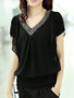 Casual Short Sleeve V-Neck Beading Chiffon Blouse