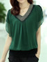 Casual Short Sleeve V-Neck Beading Chiffon Blouse