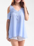 Casual Open Shoulder Decorative Lace Plain Short Sleeve T-Shirt