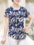 Casual Round Neck Decorative Button Printed Short Sleeve T-Shirt