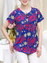 Casual Round Neck Decorative Button Printed Short Sleeve T-Shirt