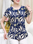 Casual Round Neck Decorative Button Printed Short Sleeve T-Shirt