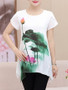 Casual Asymmetric Hem Printed Petal Short Sleeve T-Shirt