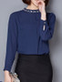 Casual Rhinestone Band Collar Plain Long Sleeve Blouse