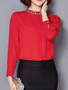 Casual Rhinestone Band Collar Plain Long Sleeve Blouse