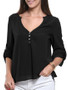 Casual Loose Split Neck Plain Roll-Up Long Sleeve T-Shirt