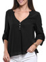 Casual Loose Split Neck Plain Roll-Up Long Sleeve T-Shirt