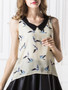 Casual Doll Collar Bird Printed Chiffon Sleeveless T-Shirt