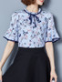 Casual Band Collar Contrast Trim Floral Printed Bell Sleeve Blouse