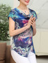 Casual Cowl Neck Asymmetric Hem Printed Chiffon Short Sleeve T-Shirt