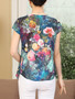 Casual Cowl Neck Asymmetric Hem Floral Printed Short Sleeve T-Shirt