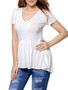 Casual Deep V-Neck Ruffled Hem Plain Short Sleeve T-Shirt