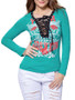 Casual Trendy Deep V-Neck Lace-Up Printed Long Sleeve T-Shirt