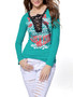 Casual Trendy Deep V-Neck Lace-Up Printed Long Sleeve T-Shirt