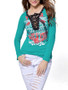 Casual Trendy Deep V-Neck Lace-Up Printed Long Sleeve T-Shirt