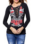 Casual Trendy Deep V-Neck Lace-Up Printed Long Sleeve T-Shirt