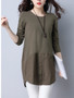 Casual Longline Round Neck Decorative Button Plain Long Sleeve T-Shirt