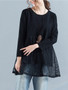 Casual Loose Patchwork Hollow Out Plain Long Sleeve T-Shirt