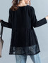 Casual Loose Patchwork Hollow Out Plain Long Sleeve T-Shirt