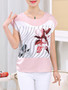 Casual Round Neck Asymmetric Stripe Floral Dramatic Short Sleeve T-Shirt