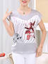 Casual Round Neck Asymmetric Stripe Floral Dramatic Short Sleeve T-Shirt