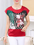 Casual Round Neck Asymmetric Stripe Floral Dramatic Short Sleeve T-Shirt