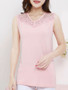 Casual V-Neck Decorative Lace Patchwork Plain Sleeveless T-Shirt