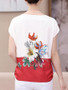 Casual Round Neck Color Block Floral Short Sleeve T-Shirt