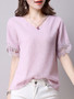 Casual V-Neck Fancy Hollow Out Plain Short Sleeve T-Shirt