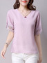 Casual V-Neck Fancy Hollow Out Plain Short Sleeve T-Shirt