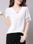 Casual V-Neck Fancy Hollow Out Plain Short Sleeve T-Shirt