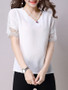 Casual V-Neck Fancy Hollow Out Plain Short Sleeve T-Shirt